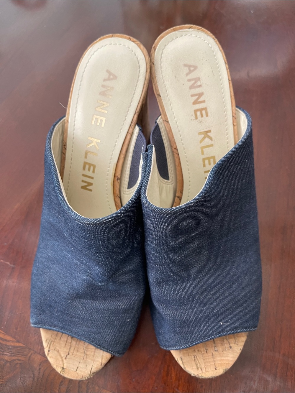 Anne Klein Dark Blue Denim Open-Toe Cork Wedge Mules